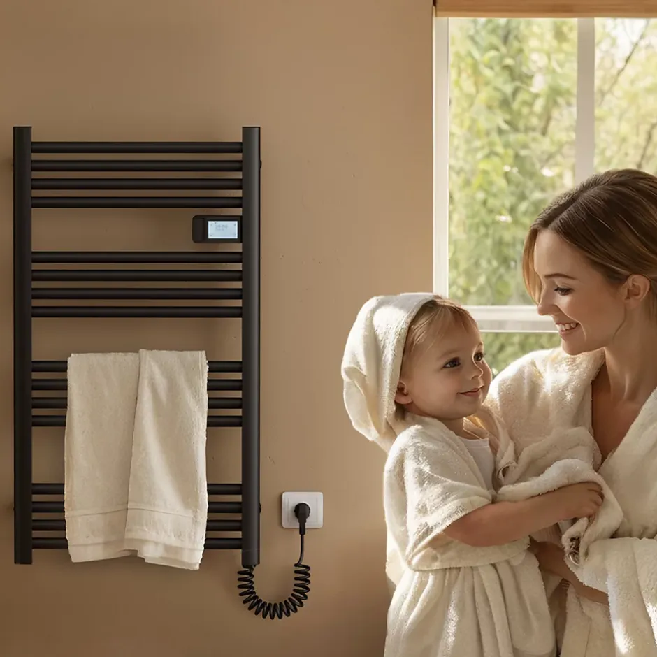 EMKE Sèche-Serviettes Électrique 750 x 400 mm,Porte-serviettes de salle de bain avec interrupteur tactile et minuterie,Noir,180W* Sèche-Serviettes Électrique