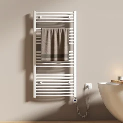 EMKE Sèche-serviettes électrique avec thermostat 120 x 60 cm, radiateur de salle de bain incurvé, blanc brillant, 600 watts* Sèche-Serviettes Électrique