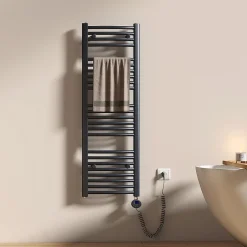 EMKE Sèche-serviettes électrique avec thermostat 120 x 40 cm, radiateur de salle de bain incurvé, gris anthracite, 500 watts* Sèche-Serviettes Électrique