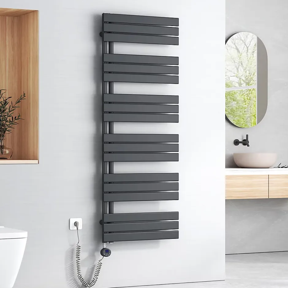 EMKE Sèche-Serviettes Électrique avec élément chauffant thermostat, baguette chauffante minuterie, Anthracite 1599x600mm 1000W* Sèche-Serviettes Électrique