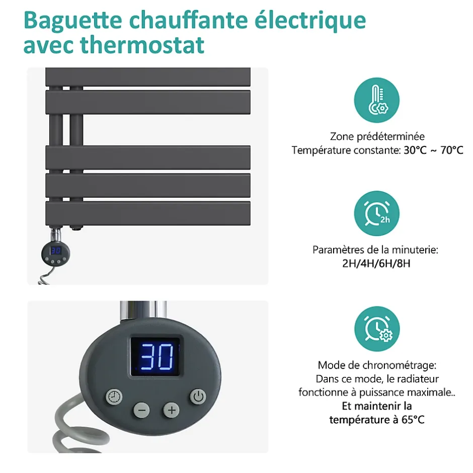 EMKE Sèche-Serviettes Électrique avec élément chauffant thermostat, baguette chauffante minuterie, Anthracite 1599x600mm 1000W* Sèche-Serviettes Électrique