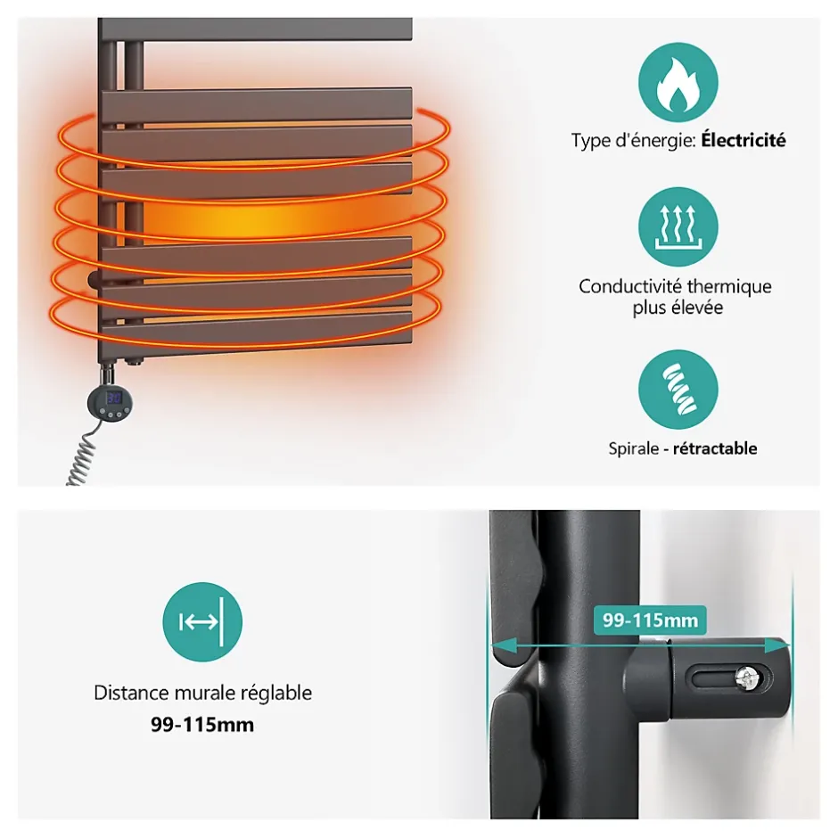 EMKE Sèche-Serviettes Électrique avec élément chauffant thermostat, baguette chauffante minuterie, Anthracite 1599x600mm 1000W* Sèche-Serviettes Électrique