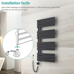 EMKE Sèche-Serviettes Électrique avec élément chauffant thermostat, baguette chauffante minuterie, Anthracite 1599x600mm 1000W* Sèche-Serviettes Électrique