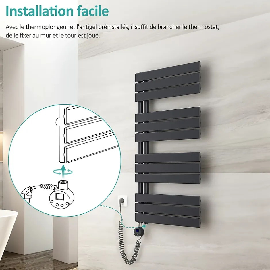 EMKE Sèche-Serviettes Électrique avec élément chauffant thermostat, baguette chauffante minuterie, Anthracite 1599x600mm 1000W* Sèche-Serviettes Électrique