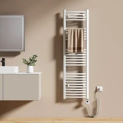 EMKE Sèche-serviettes électrique avec thermostat 140 x 40 cm, radiateur de salle de bain incurvé, blanc brillant, 500 watts