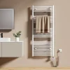 EMKE Sèche-serviettes électrique avec thermostat 140 x 60 cm, radiateur de salle de bain incurvé, blanc brillant, 600 watts