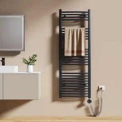 EMKE Sèche-serviettes électrique avec thermostat 140 x 50 cm, radiateur de salle de bain incurvé, gris anthracite, 600 watts