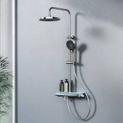 EMKE Système de Douche avec Thermostat, Chrome, Éclairage LED, Douche à Effet Pluie, 3 Modes de Jet, Bec de Sortie Inférieur* Colonne De Douche Thermostatique