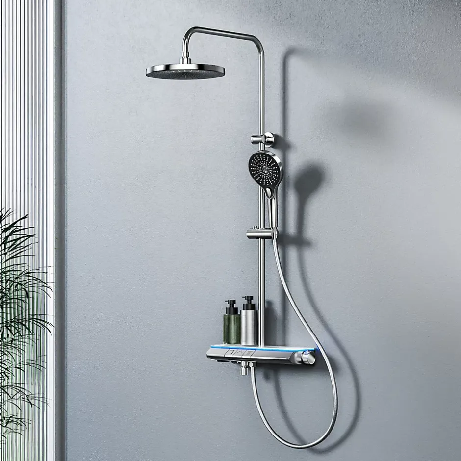 EMKE Système de Douche avec Thermostat, Chrome, Éclairage LED, Douche à Effet Pluie, 3 Modes de Jet, Bec de Sortie Inférieur* Colonne De Douche Thermostatique