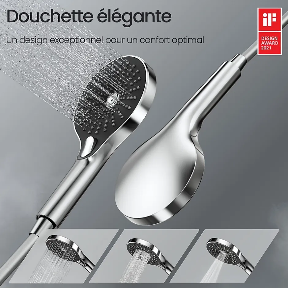 EMKE Système de Douche avec Thermostat, Chrome, Éclairage LED, Douche à Effet Pluie, 3 Modes de Jet, Bec de Sortie Inférieur* Colonne De Douche Thermostatique