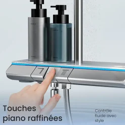 EMKE Système de Douche avec Thermostat, Chrome, Éclairage LED, Douche à Effet Pluie, 3 Modes de Jet, Bec de Sortie Inférieur* Colonne De Douche Thermostatique