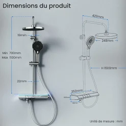 EMKE Système de Douche avec Thermostat, Chrome, Éclairage LED, Douche à Effet Pluie, 3 Modes de Jet, Bec de Sortie Inférieur* Colonne De Douche Thermostatique
