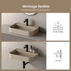 EMKE Vasque à Poser 40 x 50 x 11 cm, Lavabo Rectangulaire en Céramique pour Salle de Bain, Coins Arrondis R, Beige Mat