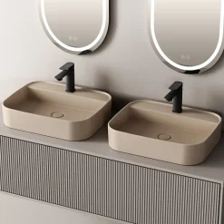 EMKE Vasque à Poser 40 x 50 x 11 cm, Lavabo Rectangulaire en Céramique pour Salle de Bain, Coins Arrondis R, Beige Mat