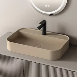 EMKE Vasque à Poser 40 x 60 x 11 cm, Lavabo Rectangulaire en Céramique pour Salle de Bain, Coins Arrondis R, Beige Mat