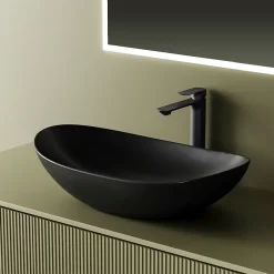 EMKE Vasque à Poser 615 x 360 x 155 mm, Lavabo Ovale en Céramique pour Salle de Bain, Installation sur Comptoir, Finition Noir Mat