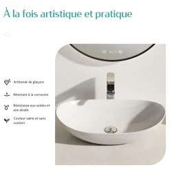 EMKE Vasque à Poser en céramique 35x27x11cm, Lavabo salle de bain Ovale, Lavabo à poser blanc brillant* Vasque À Poser