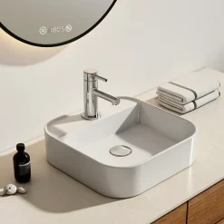 EMKE Vasque à Poser en céramique 40x40x11cm, Lavabo Carré avec robinet trou prépercé, Lavabo à poser blanc brillant