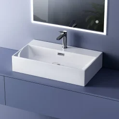 EMKE Vasque à Poser en céramique 51,5x36,5x13cm, Lavabo rectangulaire avec robinet trou prépercé, Lavabo à poser blanc brillant* Vasque À Poser