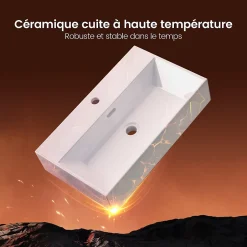 EMKE Vasque à Poser en céramique 51,5x36,5x13cm, Lavabo rectangulaire avec robinet trou prépercé, Lavabo à poser blanc brillant* Vasque À Poser