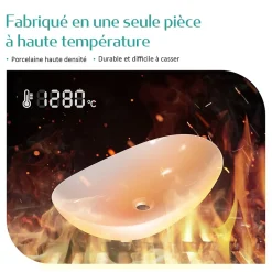 EMKE Vasque à Poser en céramique 61,5x36x15,5cm, Lavabo salle de bain Ovale, Lavabo à poser blanc brillant