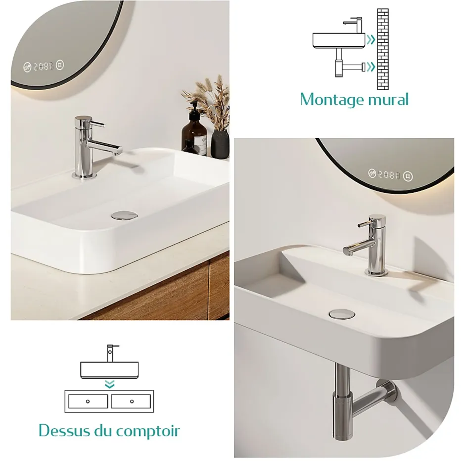 EMKE Vasque à Poser en céramique 50x40x11cm, Lavabo rectangulaire avec robinet trou prépercé, Lavabo à poser blanc brillant* Vasque À Poser