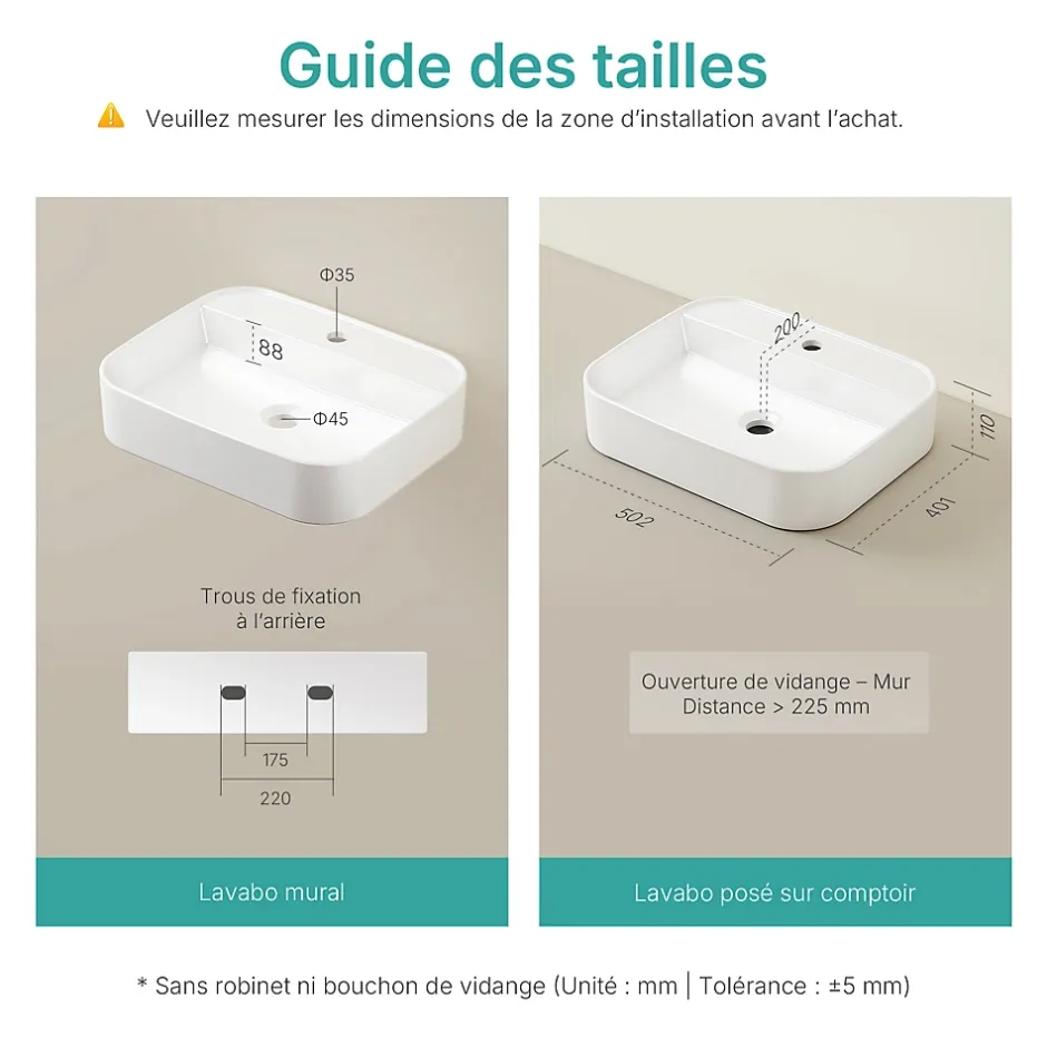 EMKE Vasque à Poser en céramique 50x40x11cm, Lavabo rectangulaire avec robinet trou prépercé, Lavabo à poser blanc brillant* Vasque À Poser