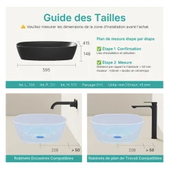 EMKE Vasque à Poser Ovale, 600 x 415 x 135 mm, Lavabo en Céramique de Salle de Bain, Noir Mat* Vasque À Poser