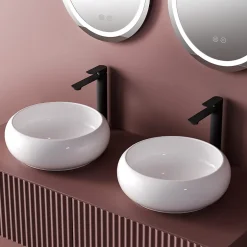 EMKE Vasque à Poser Ronde 360 x 360 x 120mm, Lavabo de Salle de Bain en Céramique, Montage sur Comptoir, Blanc Brillant