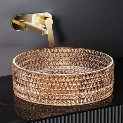 EMKE Vasque à Poser Ronde, 360 x 360 x 112 mm, Lavabo en Verre Or rose, Design Montage sur Comptoir* Vasque À Poser
