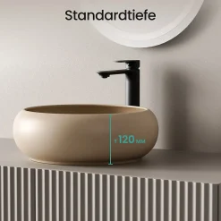 EMKE Vasque à Poser Ronde Incurvée 360 x 360 x 120mm, Lavabo de Salle de Bain en Céramique, Montage sur Comptoir, Beige mat* Vasque À Poser