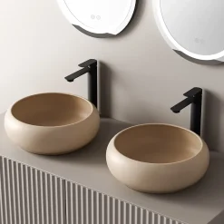 EMKE Vasque à Poser Ronde Incurvée 360 x 360 x 120mm, Lavabo de Salle de Bain en Céramique, Montage sur Comptoir, Beige mat* Vasque À Poser