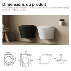 EMKE WC Suspendu Noir Mat en Céramique, Sans Bord, Double Chasse, Abattant UF Amovible Frein de Chute 360x365x490 mm* Wc Suspendu