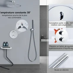 Homelody Encastré Colonne de Douche Thermostatique Système de Douche Rond Grande Douche de Tête Set de Douche Encastrée en Laiton Chromé* Colonne De Douche Encastrable