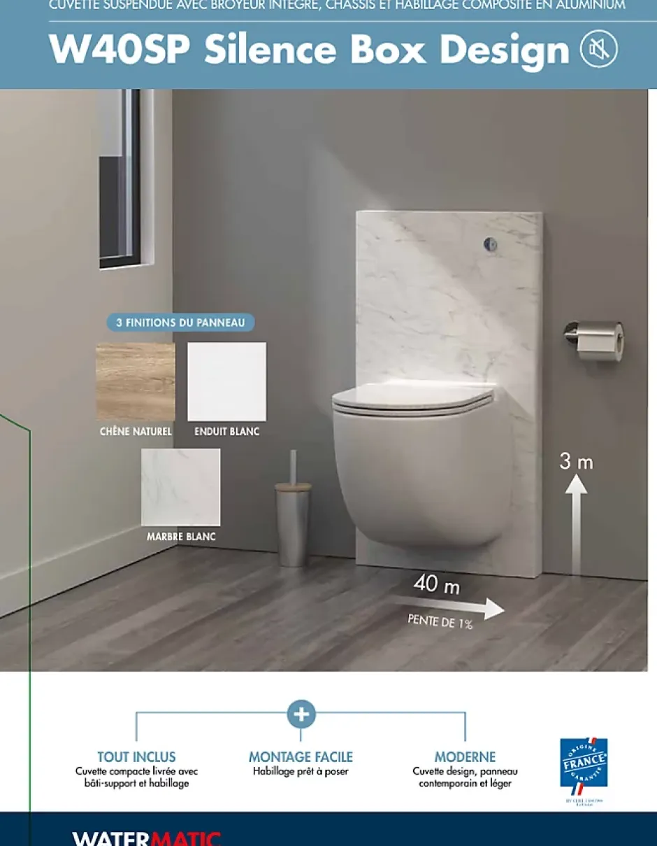 Watermatic Ensemble bâti-support+habillage couleur chêne naturel +Sanibroyeur+cuvette+abattant W40 Silence PMR norme handicapés* Wc Chimique Et Broyeur