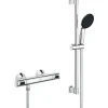 Grohe Ensemble de douche avec mitigeur thermostatique, pommeau 1 jet, barre 60cm et flexible - 34800001 - Economie d'eau - Chrom* Pommeau De Douche, Flexible Et Barre De Douche