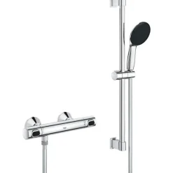 Grohe Ensemble de douche avec mitigeur thermostatique, pommeau 1 jet, barre 60cm et flexible - 34800001 - Economie d'eau - Chrom* Pommeau De Douche, Flexible Et Barre De Douche