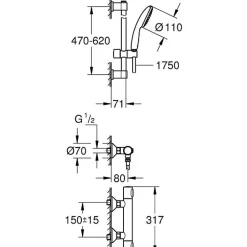 Grohe Ensemble de douche avec mitigeur thermostatique, pommeau 1 jet, barre 60cm et flexible - 34800001 - Economie d'eau - Chrom* Pommeau De Douche, Flexible Et Barre De Douche