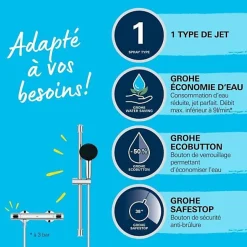 Grohe Ensemble de douche avec mitigeur thermostatique, pommeau 1 jet, barre 60cm et flexible - 34800001 - Economie d'eau - Chrom* Pommeau De Douche, Flexible Et Barre De Douche