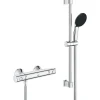 Grohe Ensemble de douche avec mitigeur thermostatique, pommeau 1 jet, barre 60cm et flexible - 34597001 - Economie d'eau - Chrom* Pommeau De Douche, Flexible Et Barre De Douche