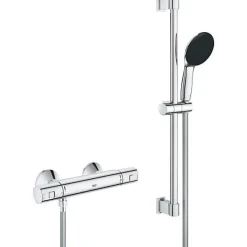 Grohe Ensemble de douche avec mitigeur thermostatique, pommeau 1 jet, barre 60cm et flexible - 34597001 - Economie d'eau - Chrom* Pommeau De Douche, Flexible Et Barre De Douche