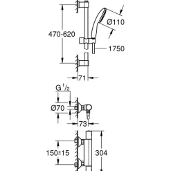 Grohe Ensemble de douche avec mitigeur thermostatique, pommeau 1 jet, barre 60cm et flexible - 34597001 - Economie d'eau - Chrom* Pommeau De Douche, Flexible Et Barre De Douche