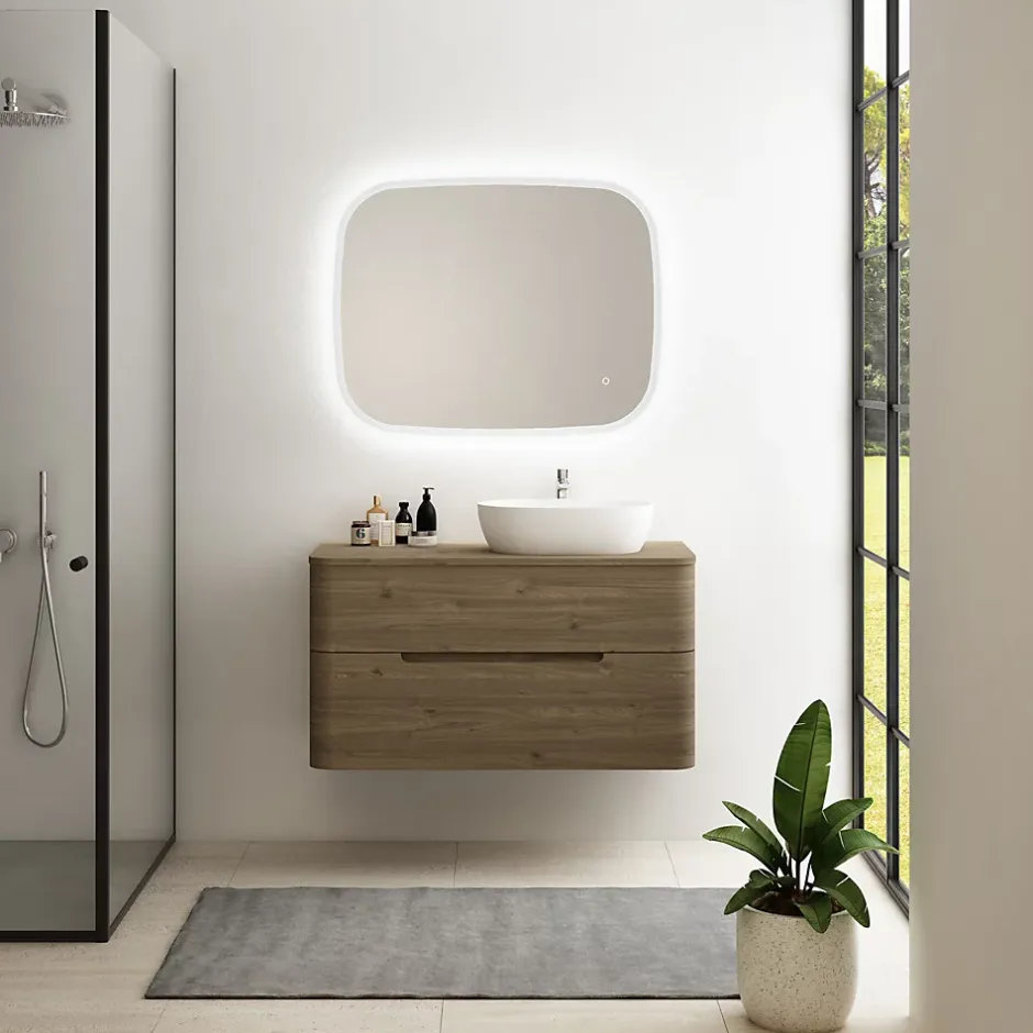 Ensemble de salle de bains L.104 cm meuble sous vasque version droite + plan de toilette décor noyer, Alba