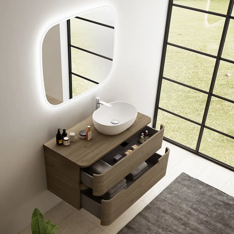 Ensemble de salle de bains L.104 cm meuble sous vasque version droite + plan de toilette décor noyer, Alba