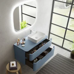 Ensemble de salle de bains L.104 cm meuble sous vasque version droite + plan de toilette bleu mat, Alba* Meuble Buanderie