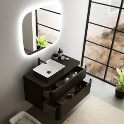 Ensemble de salle de bains L.104 cm meuble sous vasque version gauche + plan de toilette noir mat, Alba* Meuble Buanderie