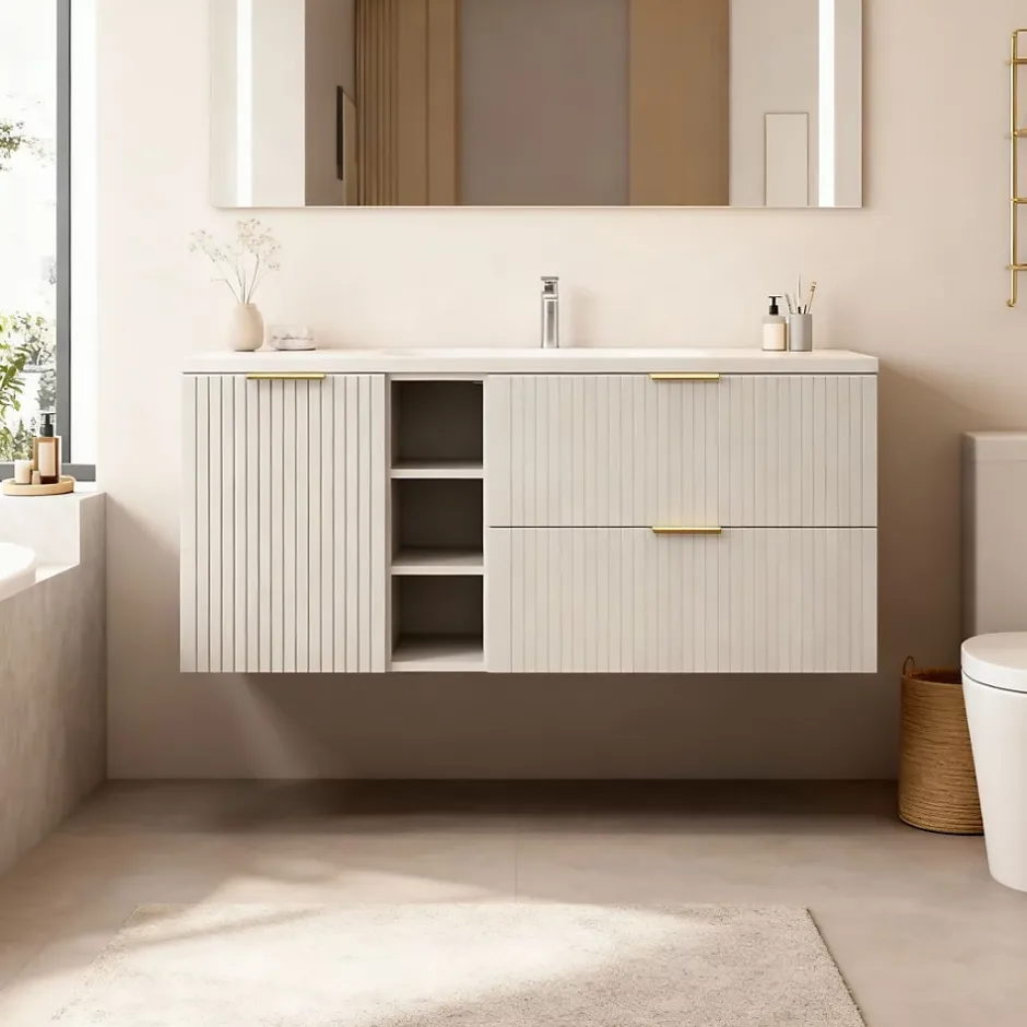 Meublorama Ensemble de salle de bains NOXERA 140 cm Marron congo plan pour vasque et 4 tiroirs et 2 niches