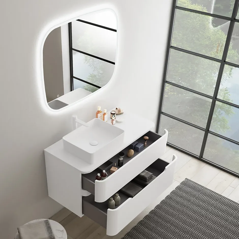 Ensemble de salle de bains L.104 cm meuble sous vasque version gauche + plan de toilette blanc mat, Alba