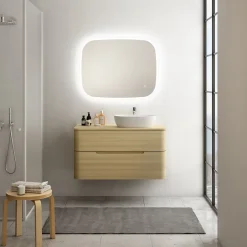 Ensemble de salle de bains L.104 cm meuble sous vasque version droite + plan de toilette décor chêne clair, Alba* Meuble Buanderie