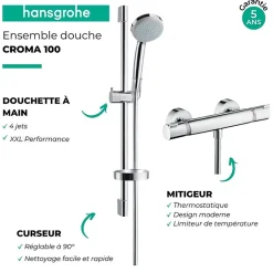 Hansgrohe Ensemble douche Croma 100 + mitigeur thermostatique Ecostat Comfort + Barre de douche 65 cm